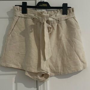 Beige High-Waisted Linen Shorts